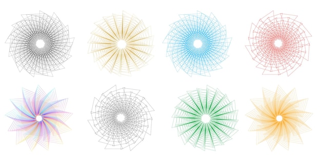 Définir un cercle d'éléments de conception Isolé des couleurs vectorielles audacieuses de l'anneau doré de la lueur abstraite des rayures ondulées de nombreux tourbillons scintillants créés à l'aide de l'outil de fusion Illustration vectorielle EPS10 pour votre présentation