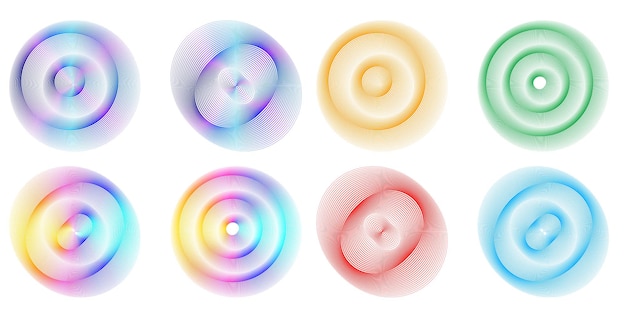 Définir un cercle d'éléments de conception Isolé des couleurs vectorielles audacieuses de l'anneau doré de la lueur abstraite des rayures ondulées de nombreux tourbillons scintillants créés à l'aide de l'outil de fusion Illustration vectorielle EPS10 pour votre présentation