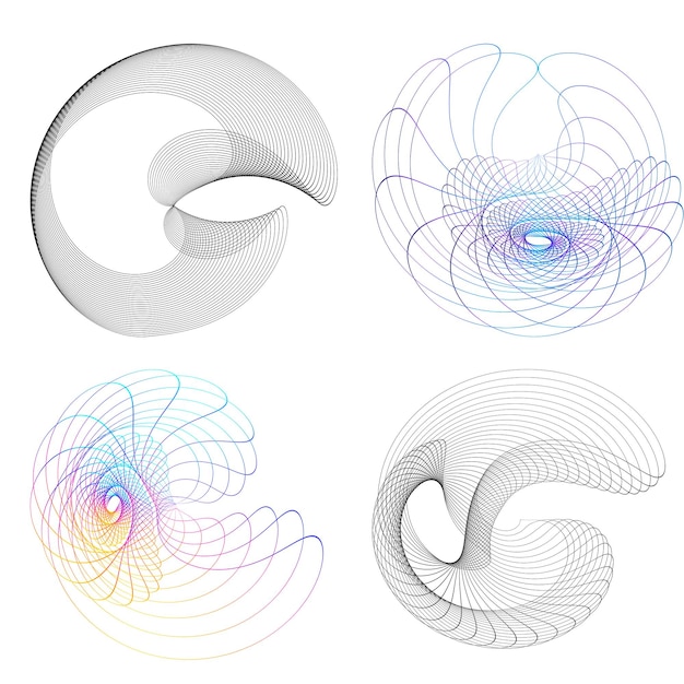 Définir un cercle d'éléments de conception Isolé des couleurs vectorielles audacieuses de l'anneau doré de la lueur abstraite des rayures ondulées de nombreux tourbillons scintillants créés à l'aide de l'outil de fusion Illustration vectorielle EPS10 pour votre présentation