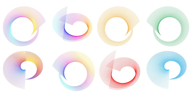 Définir un cercle d'éléments de conception Isolé des couleurs vectorielles audacieuses de l'anneau doré de la lueur abstraite des rayures ondulées de nombreux tourbillons scintillants créés à l'aide de l'outil de fusion Illustration vectorielle EPS10 pour votre présentation