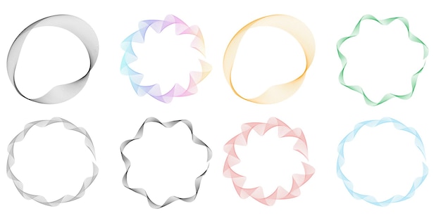 Définir un cercle d'éléments de conception Isolé des couleurs vectorielles audacieuses de l'anneau doré de la lueur abstraite des rayures ondulées de nombreux tourbillons scintillants créés à l'aide de l'outil de fusion Illustration vectorielle EPS10 pour votre présentation