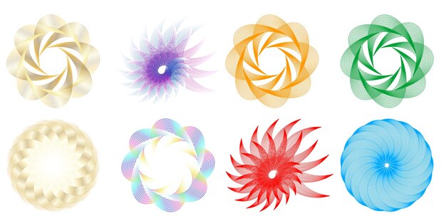 Définir un cercle d'éléments de conception Isolé des couleurs vectorielles audacieuses de l'anneau doré de la lueur abstraite des rayures ondulées de nombreux tourbillons scintillants créés à l'aide de l'outil de fusion Illustration vectorielle EPS10 pour votre présentation