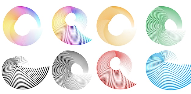 Définir un cercle d'éléments de conception Isolé des couleurs vectorielles audacieuses de l'anneau doré de la lueur abstraite des rayures ondulées de nombreux tourbillons scintillants créés à l'aide de l'outil de fusion Illustration vectorielle EPS10 pour votre présentation