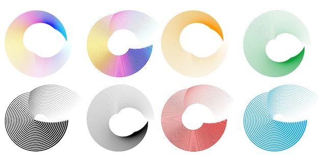 Définir un cercle d'éléments de conception Isolé des couleurs vectorielles audacieuses de l'anneau doré de la lueur abstraite des rayures ondulées de nombreux tourbillons scintillants créés à l'aide de l'outil de fusion Illustration vectorielle EPS10 pour votre présentation