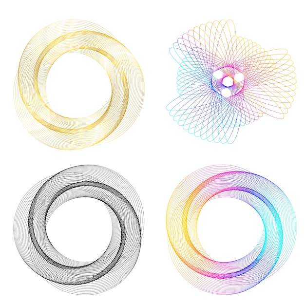 Vecteur définir un cercle d'éléments de conception isolé des couleurs vectorielles audacieuses de l'anneau doré de la lueur abstraite des rayures ondulées de nombreux tourbillons scintillants créés à l'aide de l'outil de fusion illustration vectorielle eps10 pour votre présentation