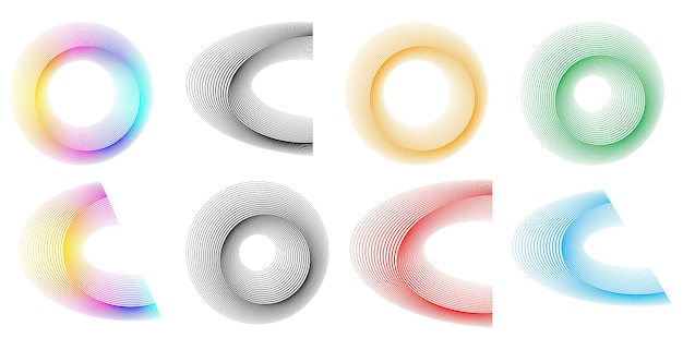 Définir un cercle d'éléments de conception Isolé des couleurs vectorielles audacieuses de l'anneau doré de la lueur abstraite des rayures ondulées de nombreux tourbillons scintillants créés à l'aide de l'outil de fusion Illustration vectorielle EPS10 pour votre présentation