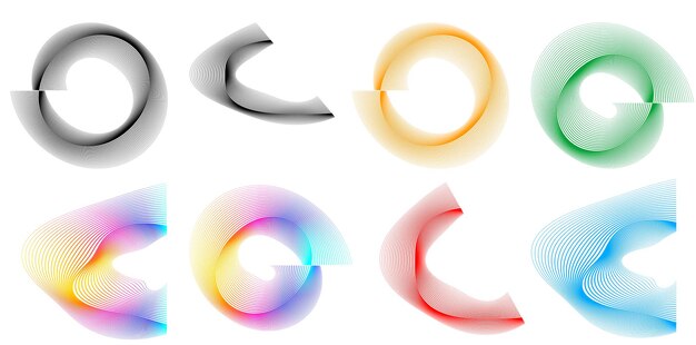 Définir un cercle d'éléments de conception Isolé des couleurs vectorielles audacieuses de l'anneau doré de la lueur abstraite des rayures ondulées de nombreux tourbillons scintillants créés à l'aide de l'outil de fusion Illustration vectorielle EPS10 pour votre présentation