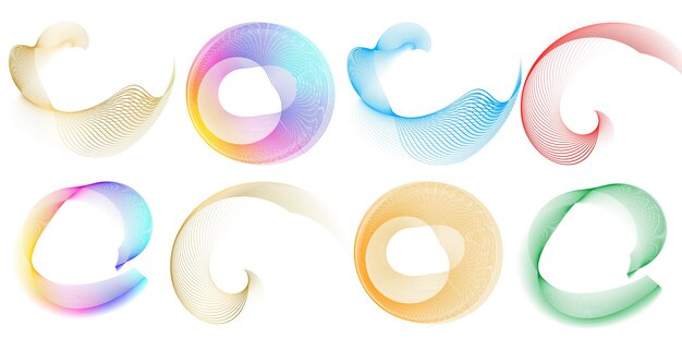 Définir un cercle d'éléments de conception Isolé des couleurs vectorielles audacieuses de l'anneau doré de la lueur abstraite des rayures ondulées de nombreux tourbillons scintillants créés à l'aide de l'outil de fusion Illustration vectorielle EPS10 pour votre présentation