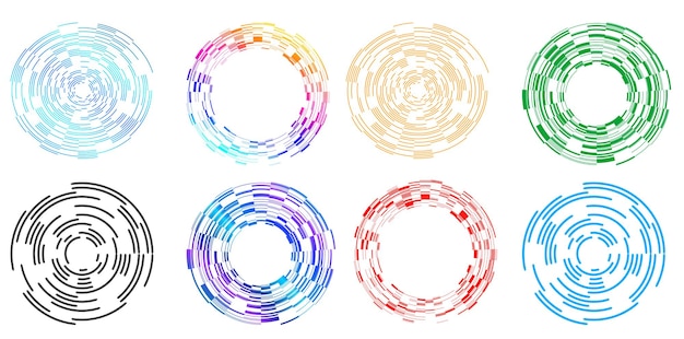 Définir un cercle d'éléments de conception Isolé des couleurs vectorielles audacieuses de l'anneau doré de la lueur abstraite des rayures ondulées de nombreux tourbillons scintillants créés à l'aide de l'outil de fusion Illustration vectorielle EPS10 pour votre présentation
