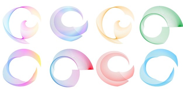 Définir un cercle d'éléments de conception Isolé des couleurs vectorielles audacieuses de l'anneau doré de la lueur abstraite des rayures ondulées de nombreux tourbillons scintillants créés à l'aide de l'outil de fusion Illustration vectorielle EPS10 pour votre présentation