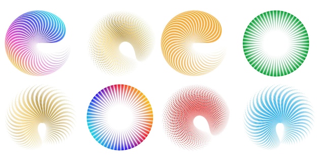 Vecteur définir un cercle d'éléments de conception isolé des couleurs vectorielles audacieuses de l'anneau doré de la lueur abstraite des rayures ondulées de nombreux tourbillons scintillants créés à l'aide de l'outil de fusion illustration vectorielle eps10 pour votre présentation