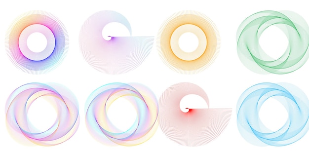 Définir un cercle d'éléments de conception Isolé des couleurs vectorielles audacieuses de l'anneau doré de la lueur abstraite des rayures ondulées de nombreux tourbillons scintillants créés à l'aide de l'outil de fusion Illustration vectorielle EPS10 pour votre présentation