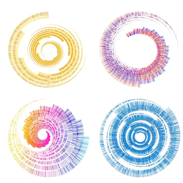 Définir un cercle d'éléments de conception Isolé des couleurs vectorielles audacieuses de l'anneau doré de la lueur abstraite des rayures ondulées de nombreux tourbillons scintillants créés à l'aide de l'outil de fusion Illustration vectorielle EPS10 pour votre présentation