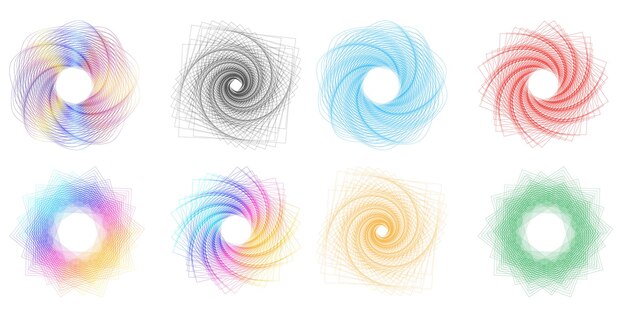 Définir un cercle d'éléments de conception Isolé des couleurs vectorielles audacieuses de l'anneau doré de la lueur abstraite des rayures ondulées de nombreux tourbillons scintillants créés à l'aide de l'outil de fusion Illustration vectorielle EPS10 pour votre présentation