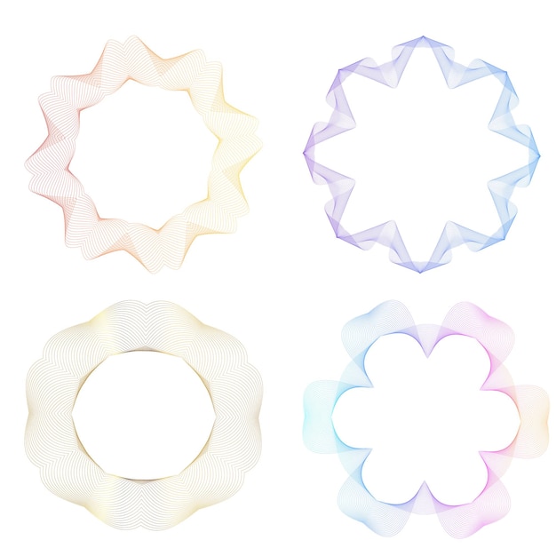 Définir un cercle d'éléments de conception Isolé des couleurs vectorielles audacieuses de l'anneau doré de la lueur abstraite des rayures ondulées de nombreux tourbillons scintillants créés à l'aide de l'outil de fusion Illustration vectorielle EPS10 pour votre présentation