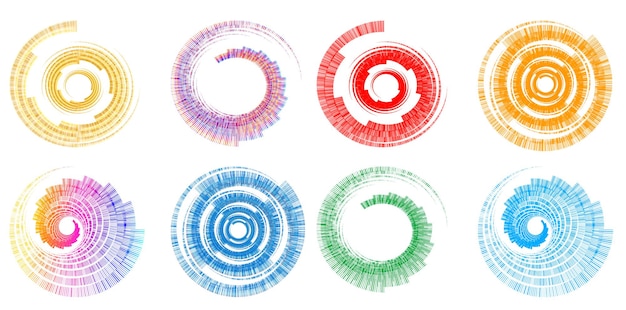 Vecteur définir un cercle d'éléments de conception isolé des couleurs vectorielles audacieuses de l'anneau doré de la lueur abstraite des rayures ondulées de nombreux tourbillons scintillants créés à l'aide de l'outil de fusion illustration vectorielle eps10 pour votre présentation