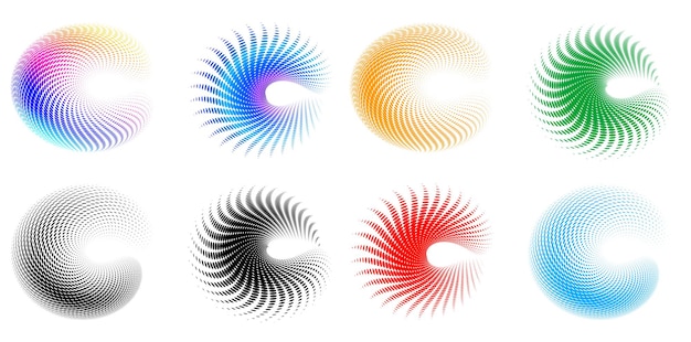 Vecteur définir un cercle d'éléments de conception isolé des couleurs vectorielles audacieuses de l'anneau doré de la lueur abstraite des rayures ondulées de nombreux tourbillons scintillants créés à l'aide de l'outil de fusion illustration vectorielle eps10 pour votre présentation