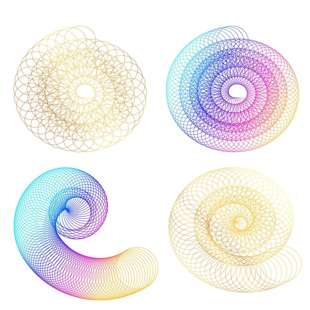 Définir un cercle d'éléments de conception Isolé des couleurs vectorielles audacieuses de l'anneau doré de la lueur abstraite des rayures ondulées de nombreux tourbillons scintillants créés à l'aide de l'outil de fusion Illustration vectorielle EPS10 pour votre présentation
