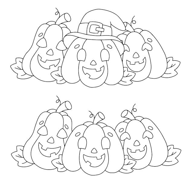 Définir Des Citrouilles Page De Livre De Coloriage Pour Les Enfants Thème De L'halloween Personnage De Style Dessin Animé Illustration Vectorielle Isolée Sur Fond Blanc