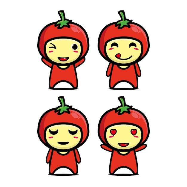 Définir La Collection De Conception De Mascotte De Tomate Mignon Isolé Sur Fond Blanc