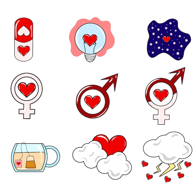 Définir la collection d'éléments sur le thème de l'amour avec un coeur rouge