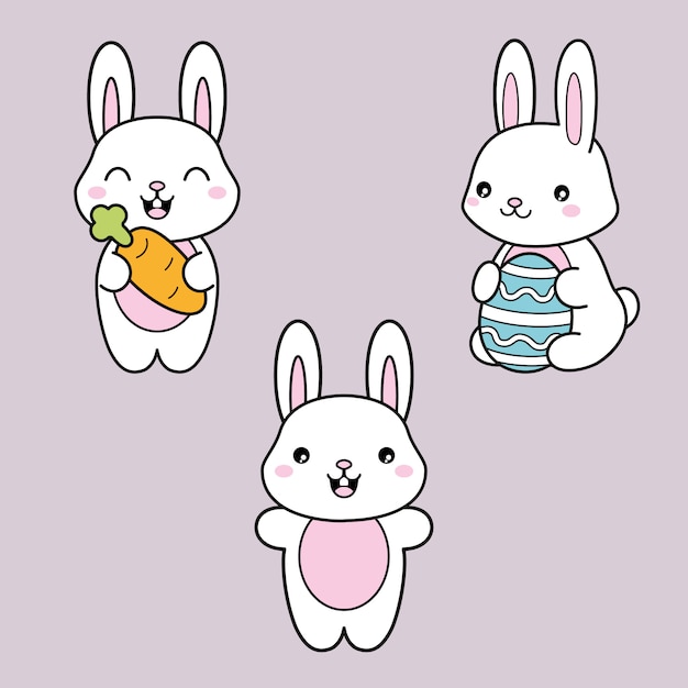 Vecteur définir la collection. mignon lapin blanc kawaii avec carotte et œuf de pâques.