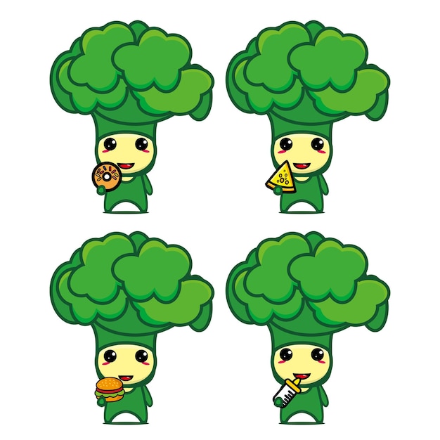 Définir La Collection De Personnage De Conception De Mascotte De Brocoli Mignon Isolé Sur Fond Blanc