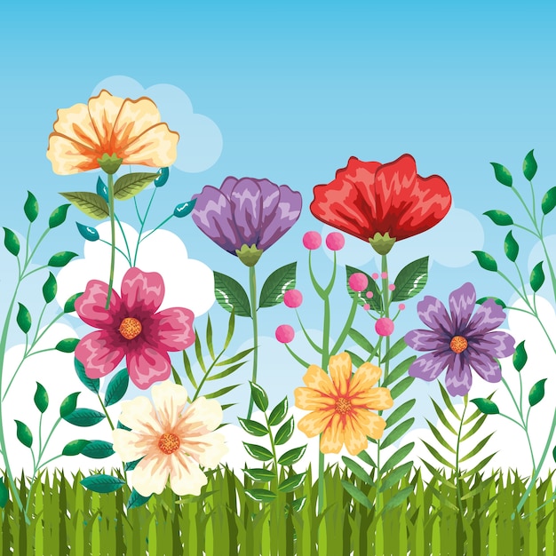 Vecteur définir la conception florale de jardin scène vector illustration