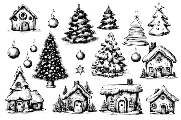 Définir des croquis dessinés à la main, joli arbre de Noël et attirail de Noël, joyeux Noël et bonne nouvelle