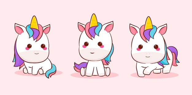 Définir Le Dessin Animé Mignon Licorne Collection. Personnage De Conception Animale Kawai.