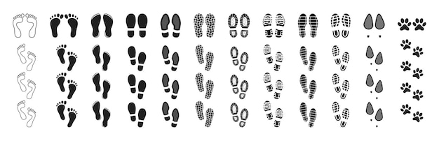 Vecteur définir différentes empreintes humaines la silhouette des empreintes d'empreintes d'empreintes d'empreintes icône ou signe à imprimer