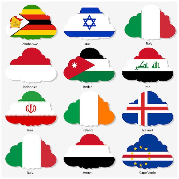 Vecteur définir les drapeaux des états souverains du monde sous forme de nuages vector illustration set numéro 6