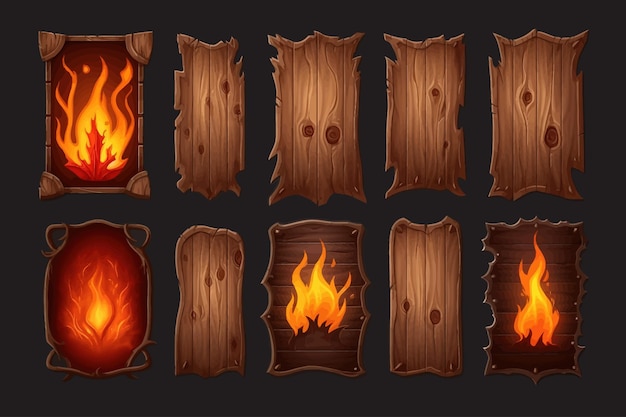 Définir des éléments d'interface graphique de panneaux de jeu en bois décorés de brûlure de flamme Éléments plats de dessin animé vectoriel isolés sur fond
