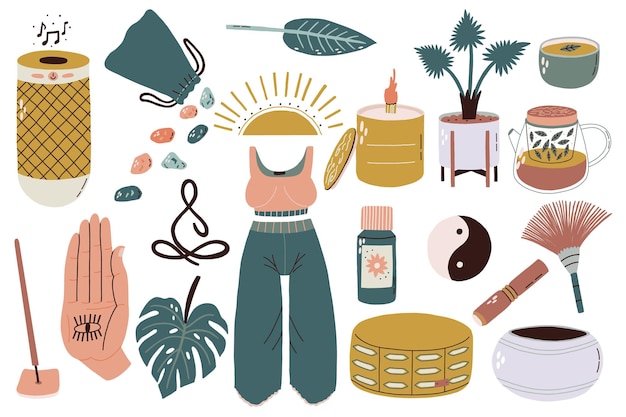 Définir les éléments de méditation dans un style dessiné à la main Vector Yoga Stuff
