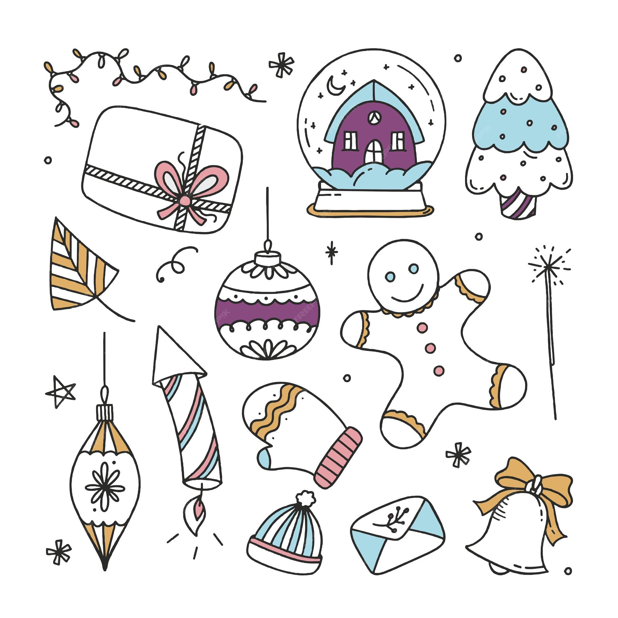 Définir Les éléments De Noël Vector Illustration Doodle Isolé Sur Fond