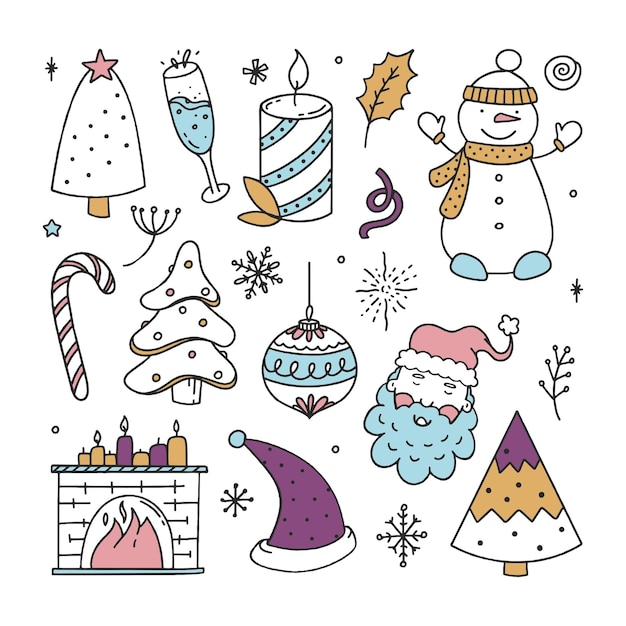 Définir les éléments de Noël vector Illustration Doodle isolé sur fond blanc Noël