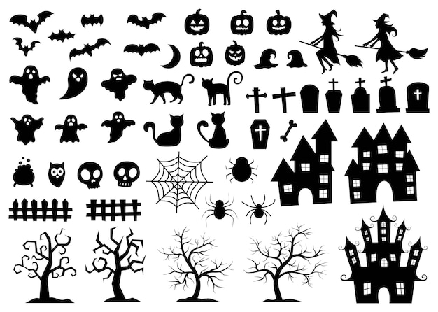 Vecteur définir des éléments pour l'icône de silhouettes d'halloween et des personnages isolés sur fond blanc