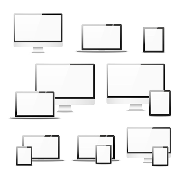 Définir un équipement informatique réaliste. Cahier et tablette isolés. Ordinateur portable et monobloc. Moniteur d'ordinateur. Smartphone, fleuron moderne. Electronique de présentation. Maquette pour la conception avec écran blanc