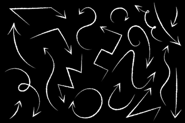 Vecteur définir les flèches dessinées tableau noir à craie différents types de signes fond sombre zigzag tour d'onde direction