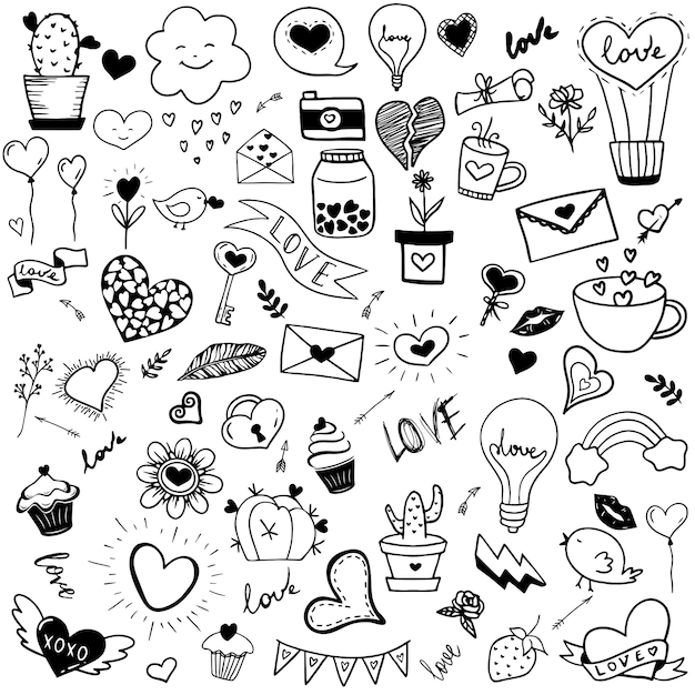 Définir des icônes de coeur icônes et illustrations dessinées à la main pour la Saint-Valentin et le mariage