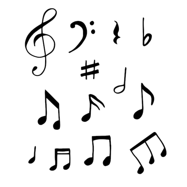 définir des icônes dessinées à la main telles que huit notes de repos demi-note faisceau trente secondes note flatmusic et médias contour collection d'icônes minces