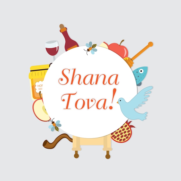 Définir Des Icônes Sur Le Nouvel An Juif, Rosh Hashanah, Shana Tova. Cadre De Rosh Hashanah Pour Le Texte. Carte De Voeux Pour Le Nouvel An Juif. Carte De Voeux De Rosh Hashanah. Illustration.