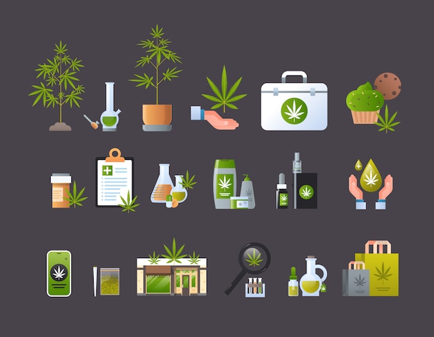Définir les icônes de produits de cannabis concept de consommation de drogues légalisation de la marijuana collection de panneaux horizontal