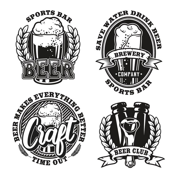 Définir l'illustration de la bière sur fond blanc. Les éléments et le texte de chaque logo sont dans des groupes séparés. Idéal pour l'impression sur tissu et diverses décorations de sports et de bars à bière