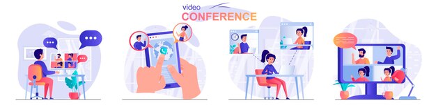 Définir L'illustration De Concept De Design Plat De Vidéoconférence De Personnages De Personnes