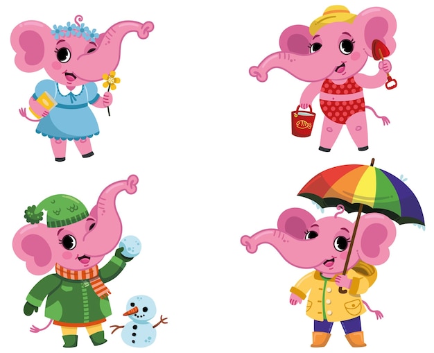 Définir l'illustration du personnage d'éléphant rose dans quatre tenues saisonnières.