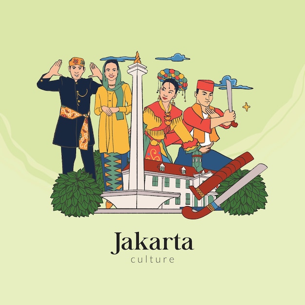 Vecteur définir l'illustration de jakarta. fond de cultures indonésiennes dessinés à la main