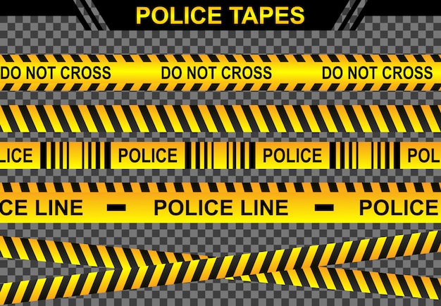 Vecteur définir l'illustration des lignes de police, le concept de scène criminelle de danger de crime, la sécurité du symbole de bannière de ruban d'accès, la prudence du ruban jaune de ligne, le signe de fond isolé