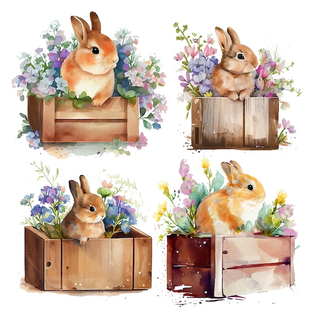 Définir l'illustration vectorielle du lapin aquarelle sur fond blanc isotate