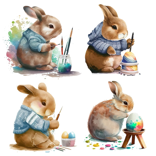 Définir l'illustration vectorielle du lapin aquarelle sur fond blanc isotate